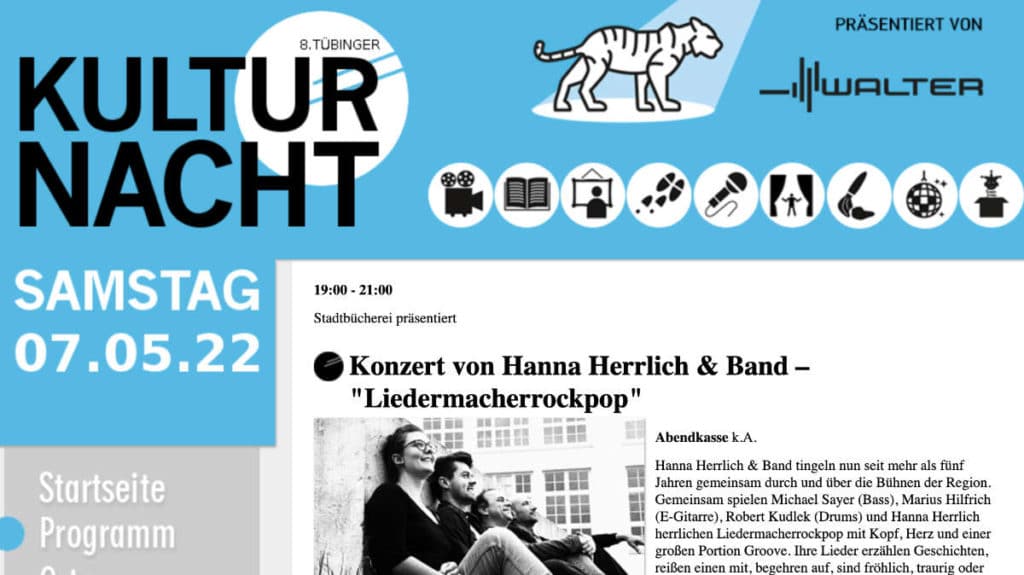 Hanna Herrlich & Band - Kulturnacht Tübingen - Screenshot der Homepage der Kulturnacht