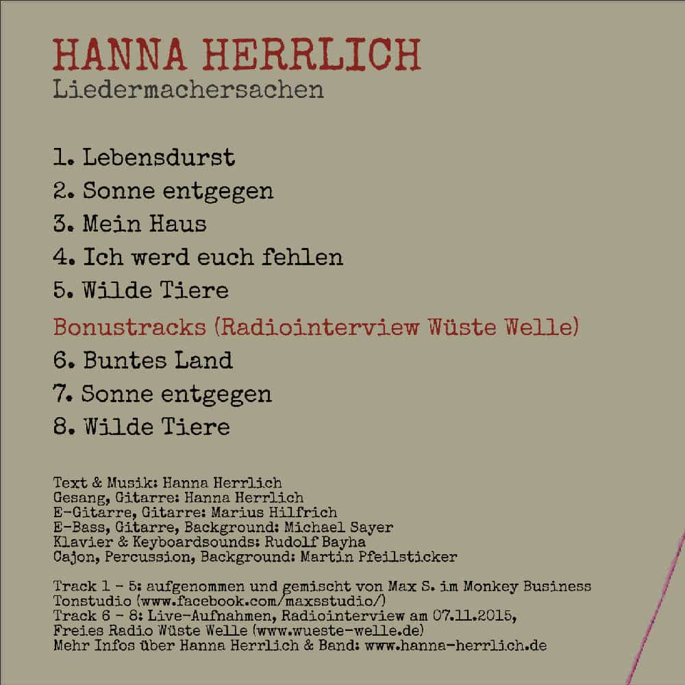 CD Liedermachersachen von Hanna Herrlich und Band - Cover Rückseiteseite